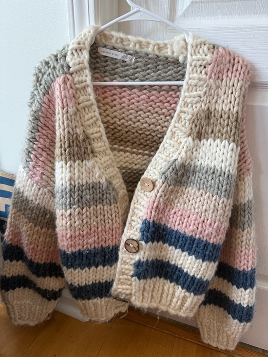 Altar'd State Sweaters - Altar'd State Cream, Pink, Blue & Gray Striped Chunky Cardigan